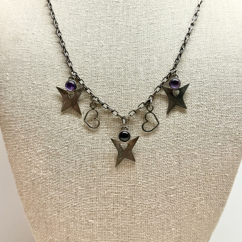 Corina Sterling Silver, Amethyst and Garnet stars and hearts necklace